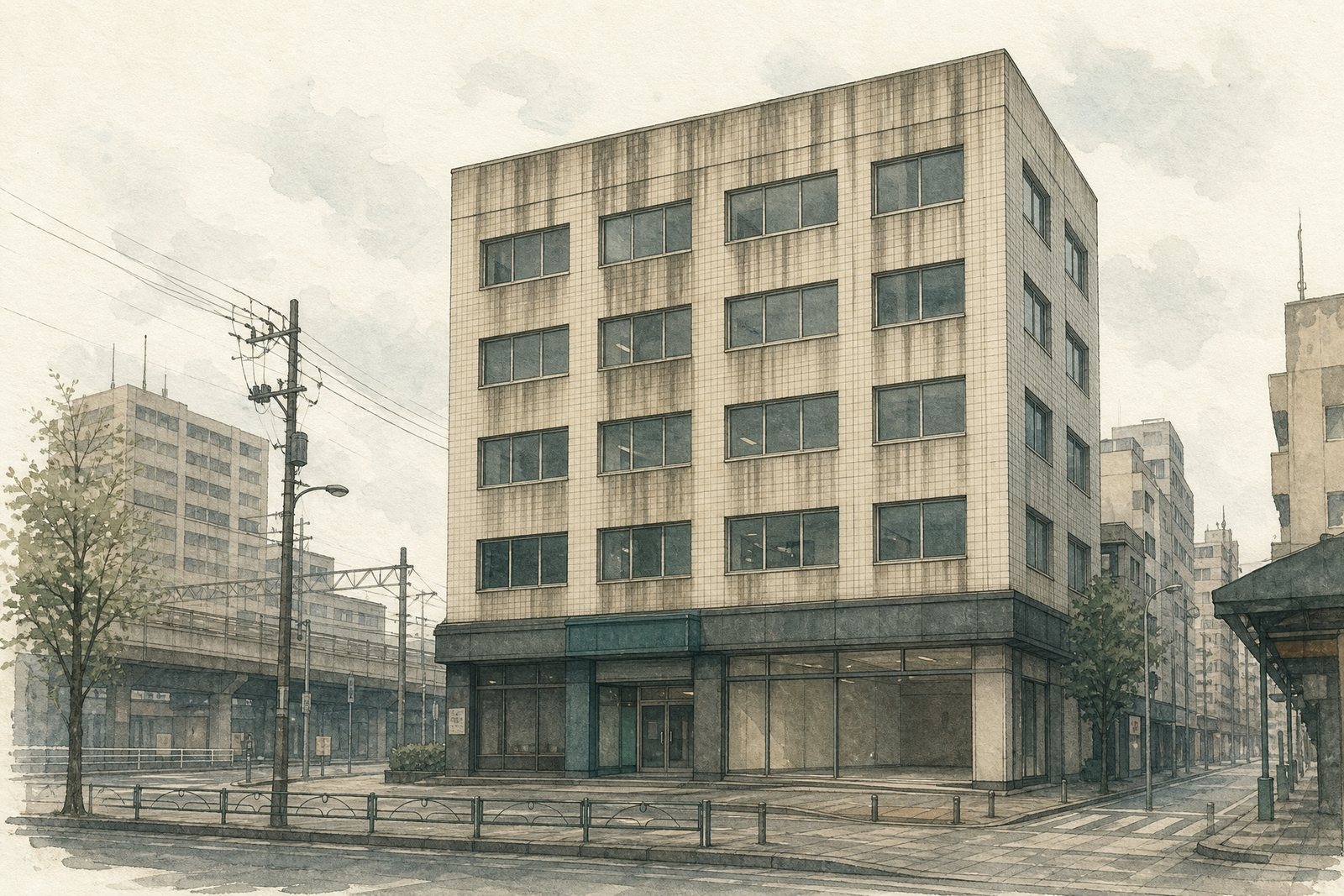曇天の駅前。5階建てのタイル張り商業ビル。パラペットの下と窓の下に黒い筋が縦に伸び、1階の店舗区画は空いたままになっている。