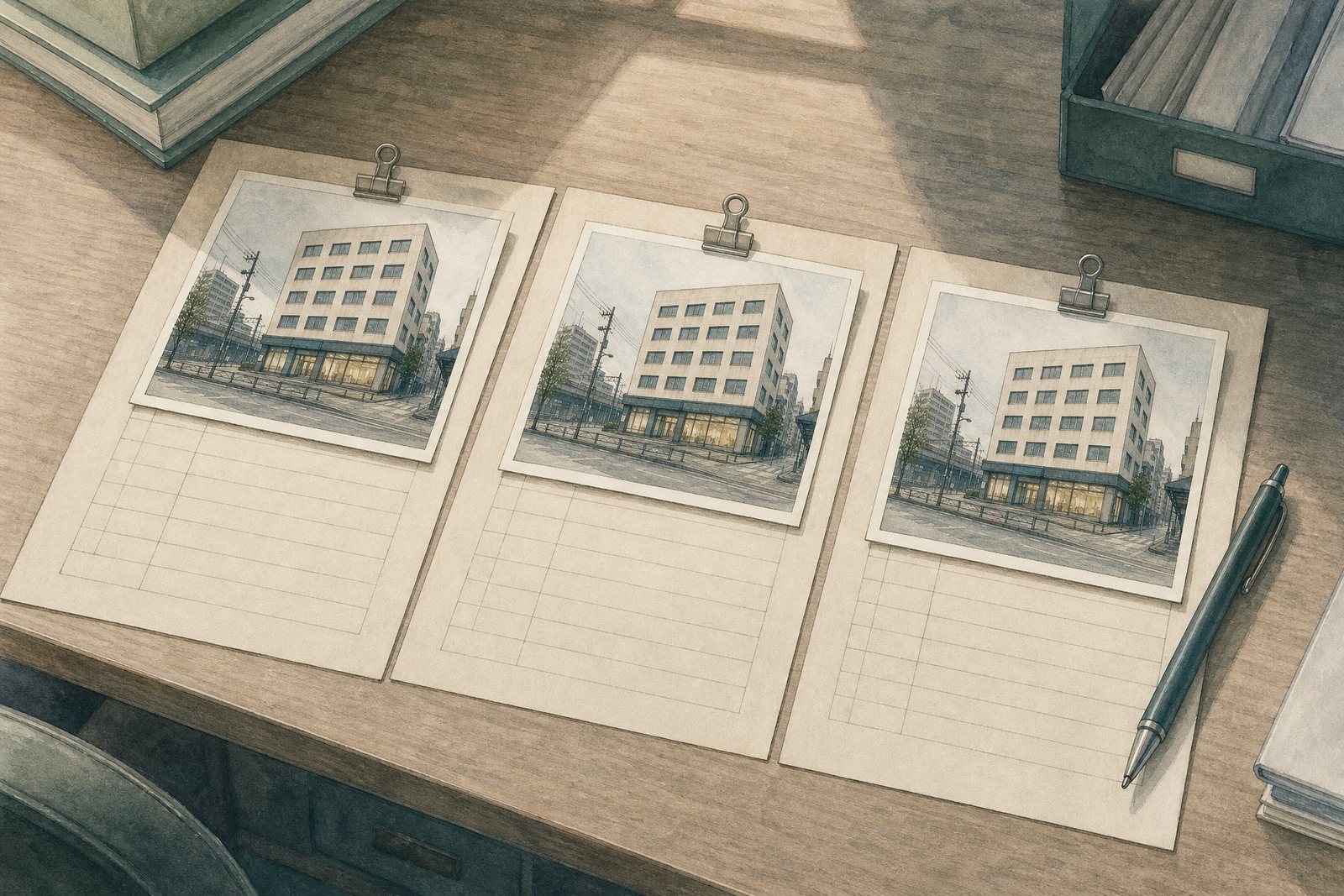 机の上に三年分の記録用紙が並び、それぞれに同じ商業ビルを写した写真が留めてある。三枚とも外壁はきれいなままで、1階に明かりが灯っている。