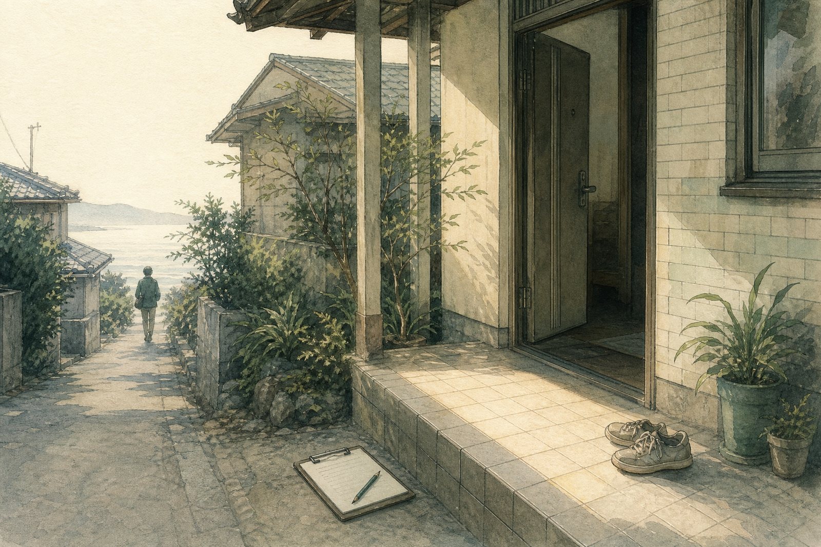 海の見える坂道に面した日本家屋の玄関。朝の光がタイルの土間に差し、足元にバインダーと鉛筆が置かれている。