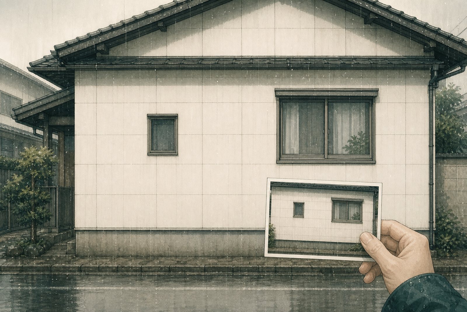 雨の日、日本家屋の外壁の前で、去年撮った同じ壁の写真を手に持ち、見比べている。